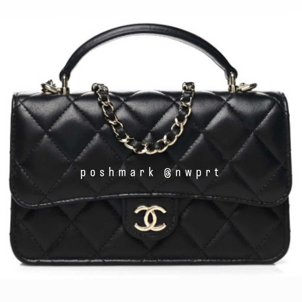 CHANEL 💯 Rectangular Mini Top Handle Quilted Phone Holder Case Crossbody Black